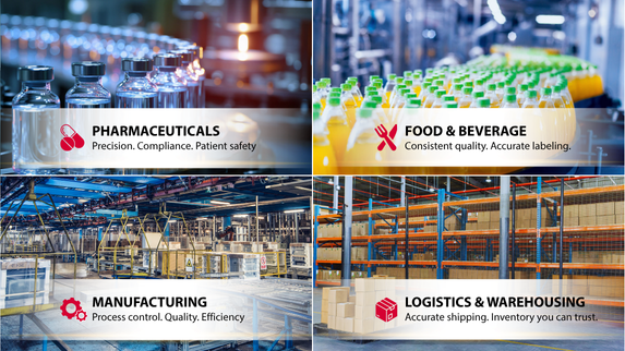 Grid showing pharmaceutical lab, food production line, manufacturing equipment, and warehouse logistics operations requiring accurate measurement.