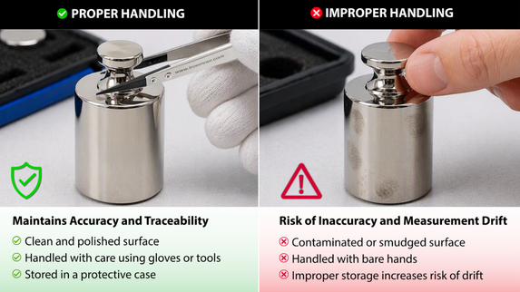 Side-by-side comparison of properly handled calibration weight with gloves versus improperly handled weight showing contamination.