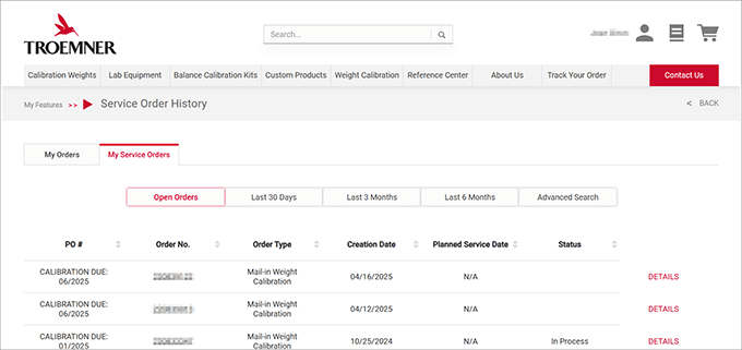 Screenshot of the Service Order History landing page showing the Open Orders tab active with a table listing mail-in weight calibration service orders, including order numbers, creation dates, planned service dates, and statuses, along with navigation menu and user account details visible.